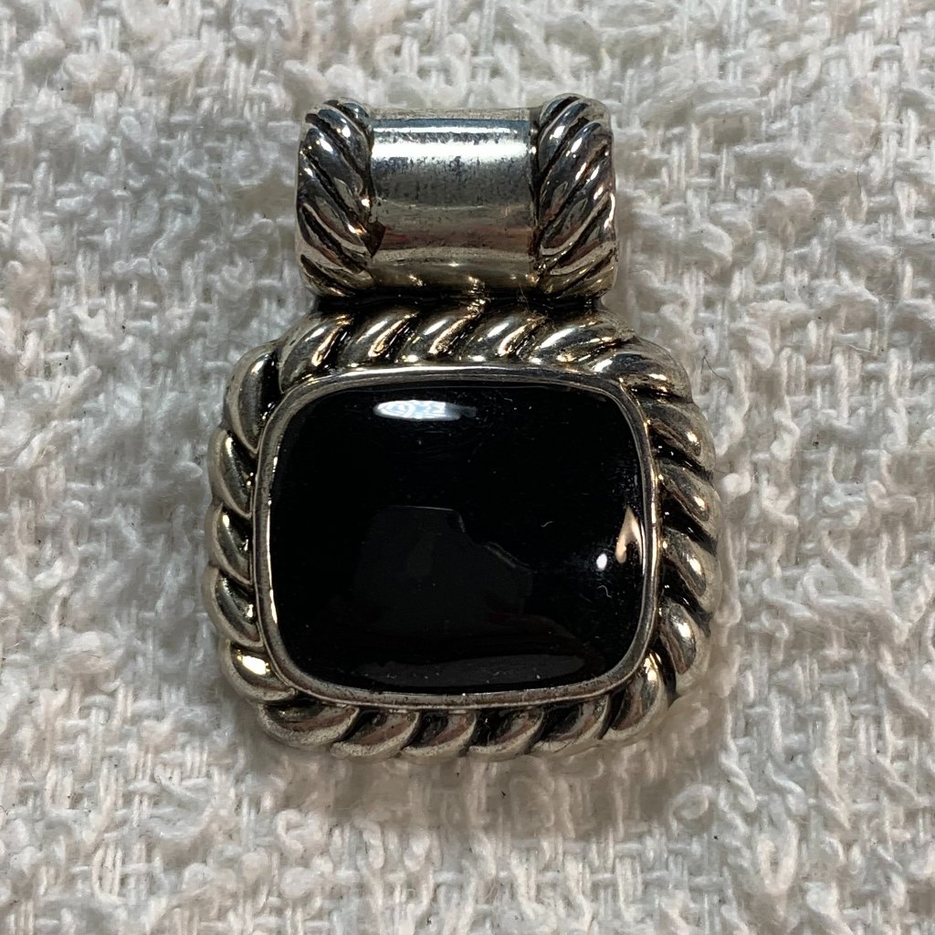 Best Signed Silvertone Black Onyx Pendant Charm. (393)